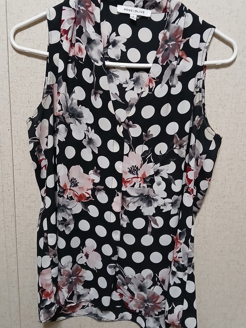 Rose & Olive Black Polka Dot Sleeveless Blouse with Pink and Gray Floral Print